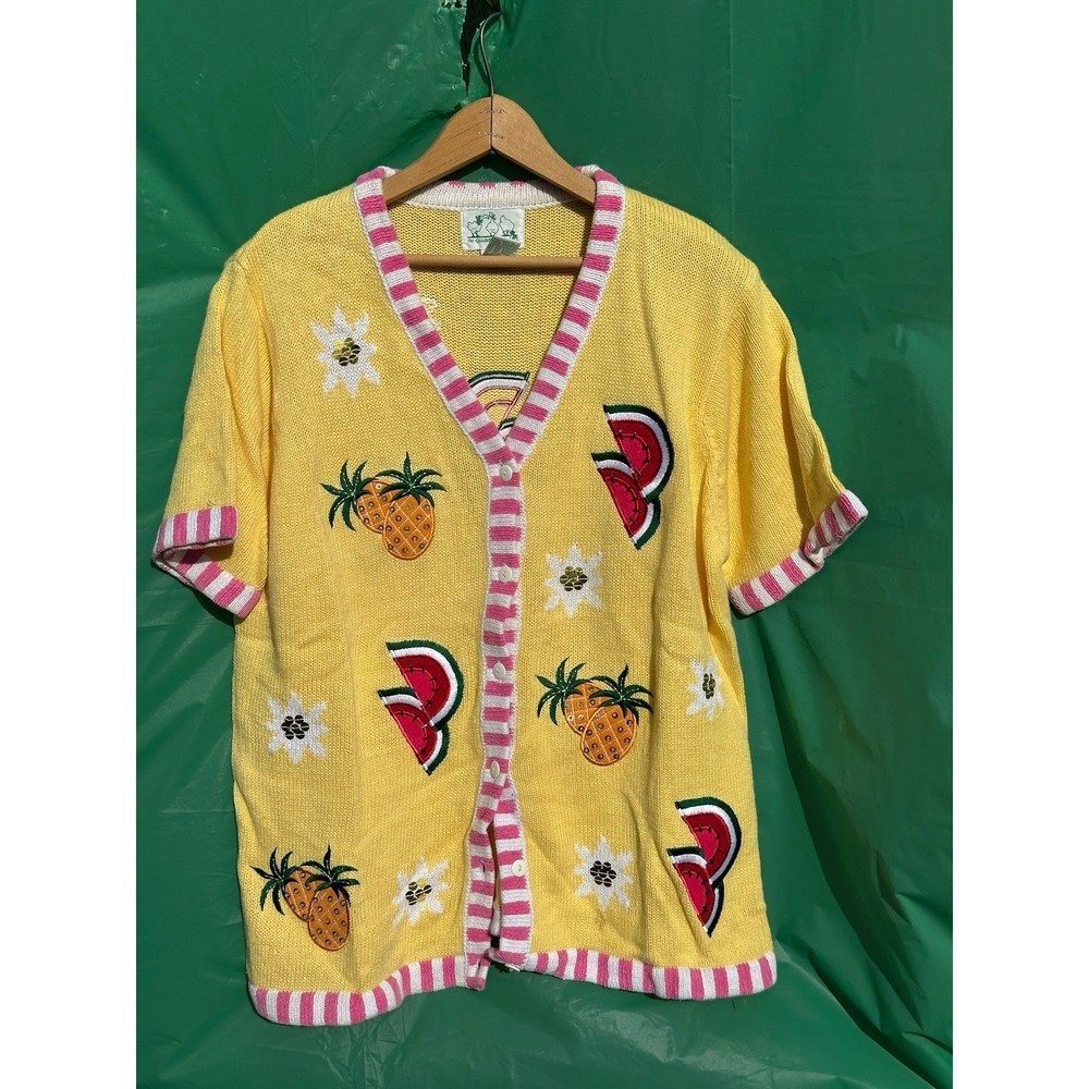 Vintage Whacker Factory Cardigan Fruit Embroidered Yellow Kitsch Sweater M